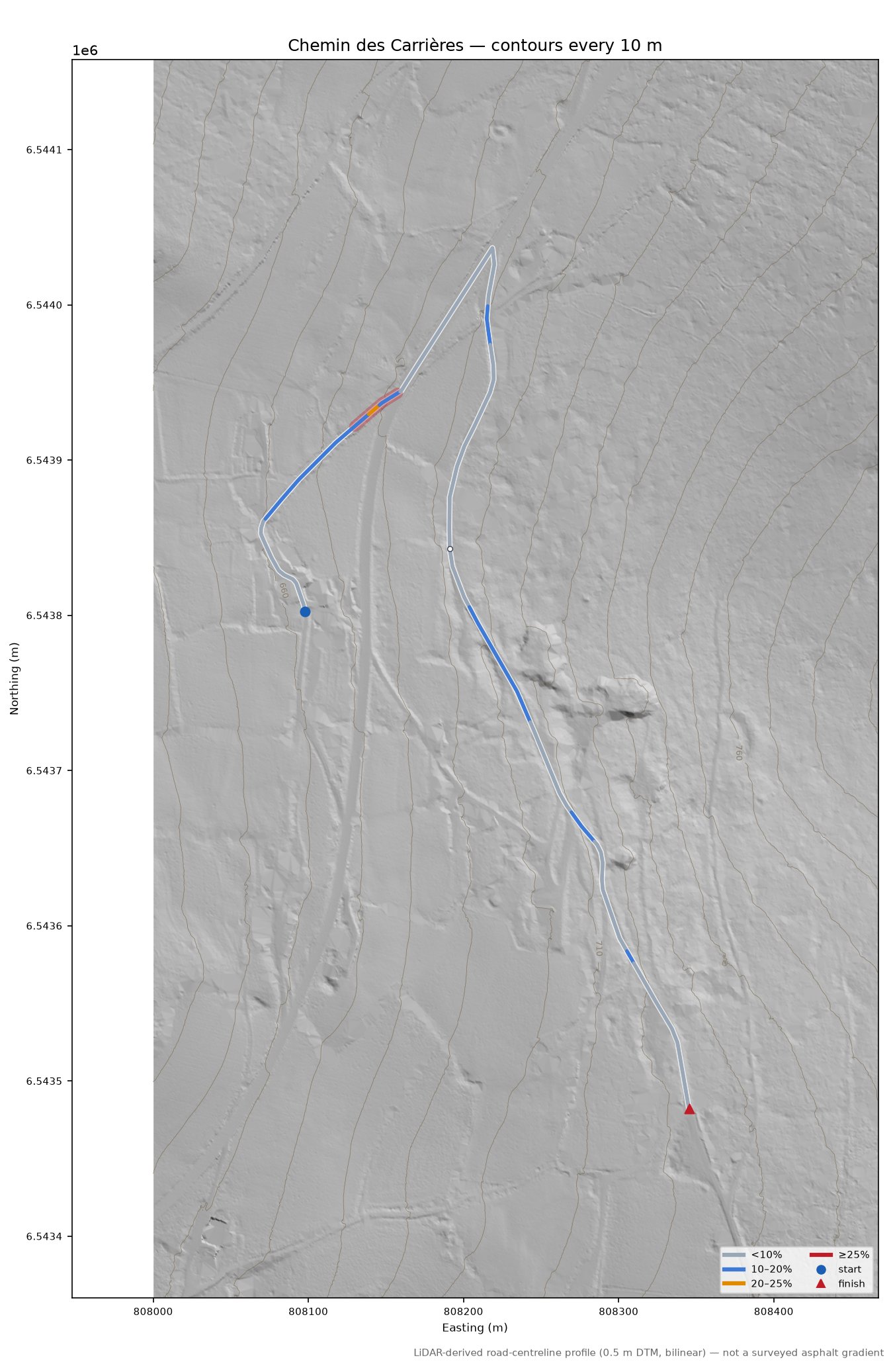 Chemin des Carrières LiDAR hillshade map with contours