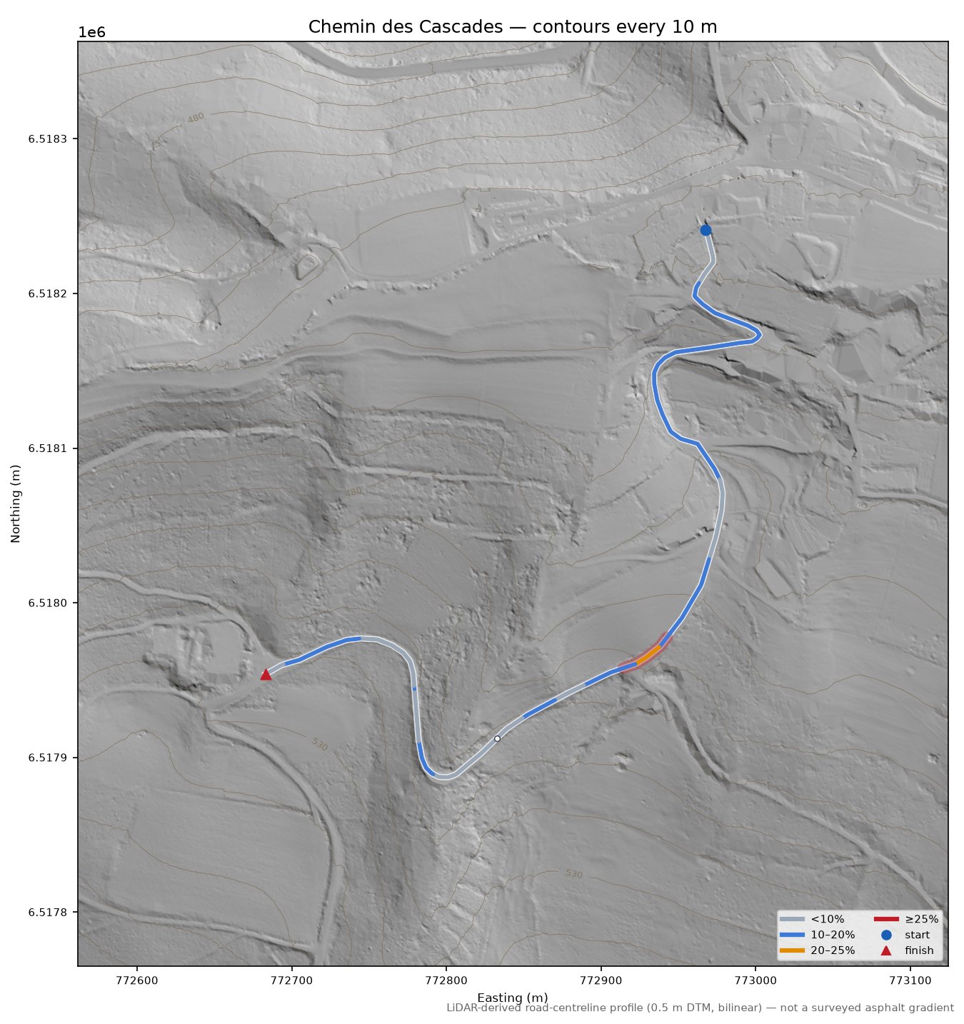 Chemin des Cascades LiDAR hillshade map with contours