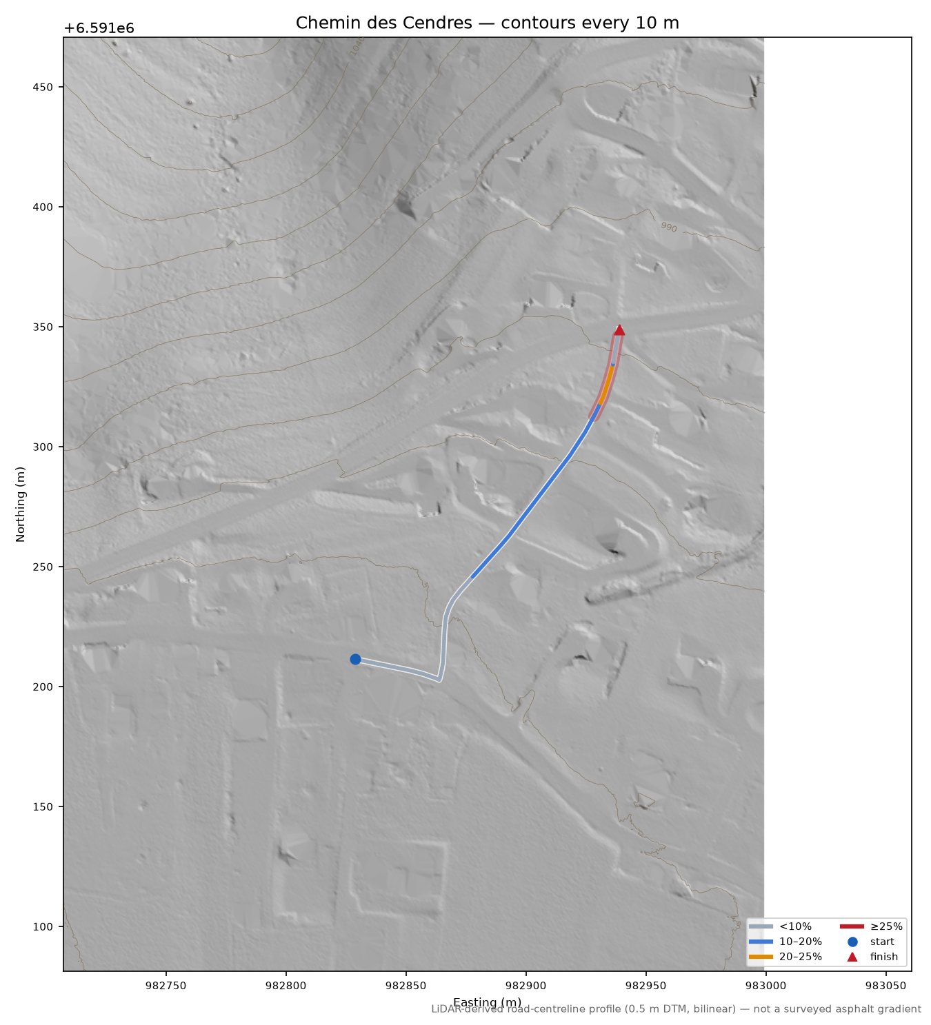 Chemin des Cendres LiDAR hillshade map with contours