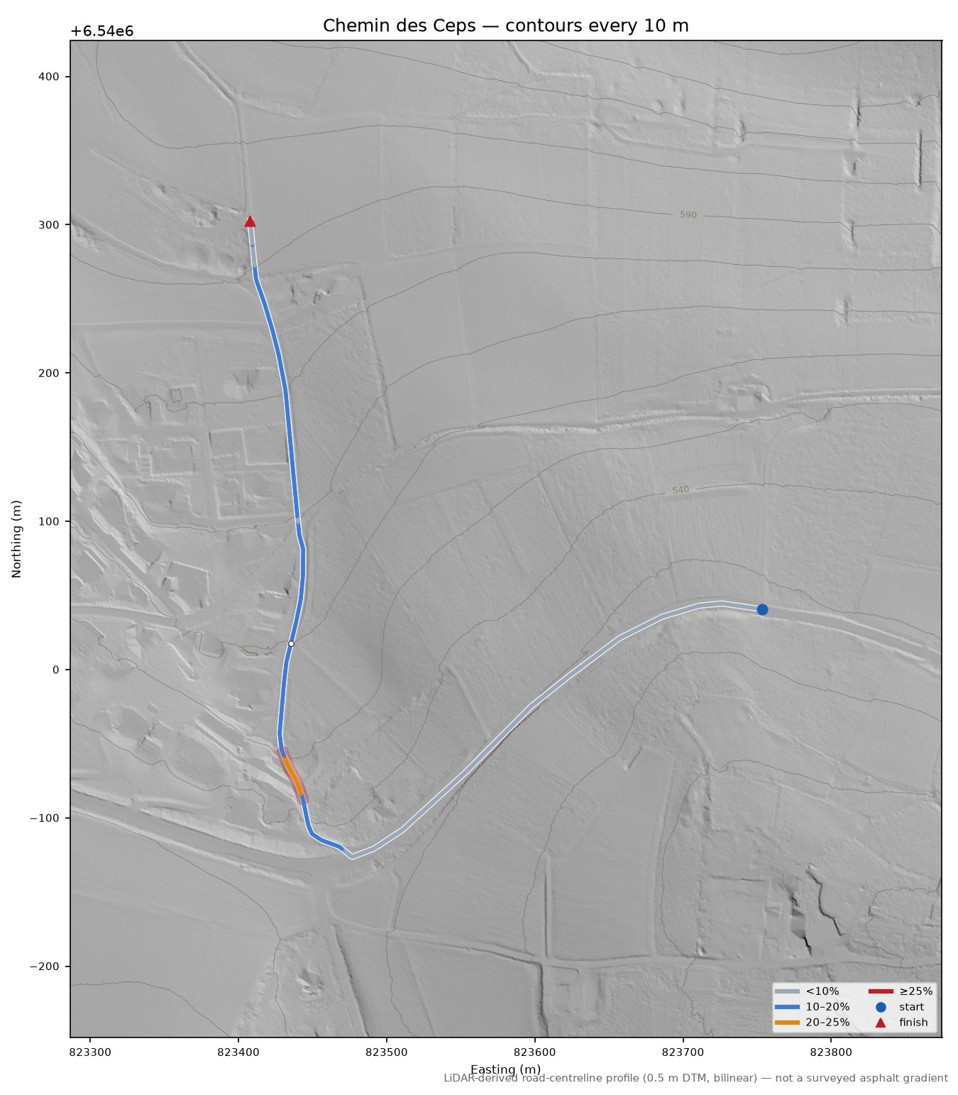 Chemin des Ceps LiDAR hillshade map with contours