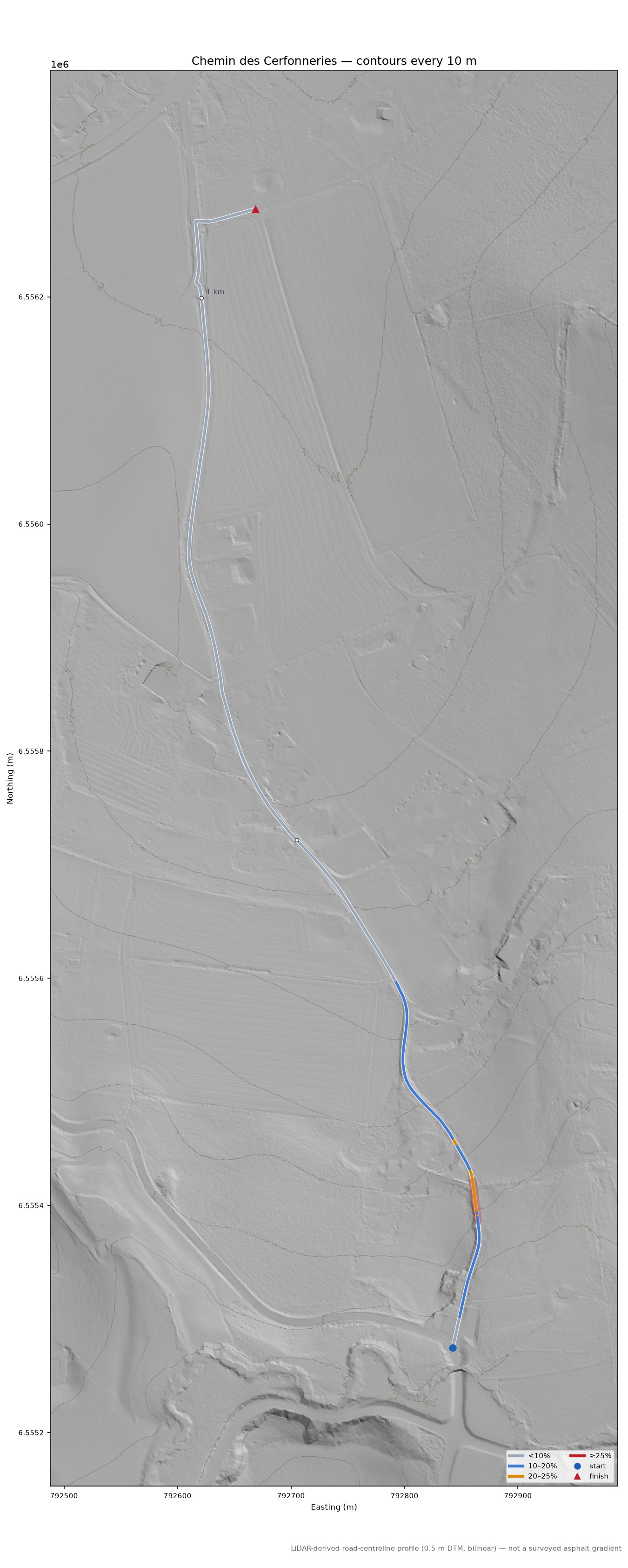 Chemin des Cerfonneries LiDAR hillshade map with contours