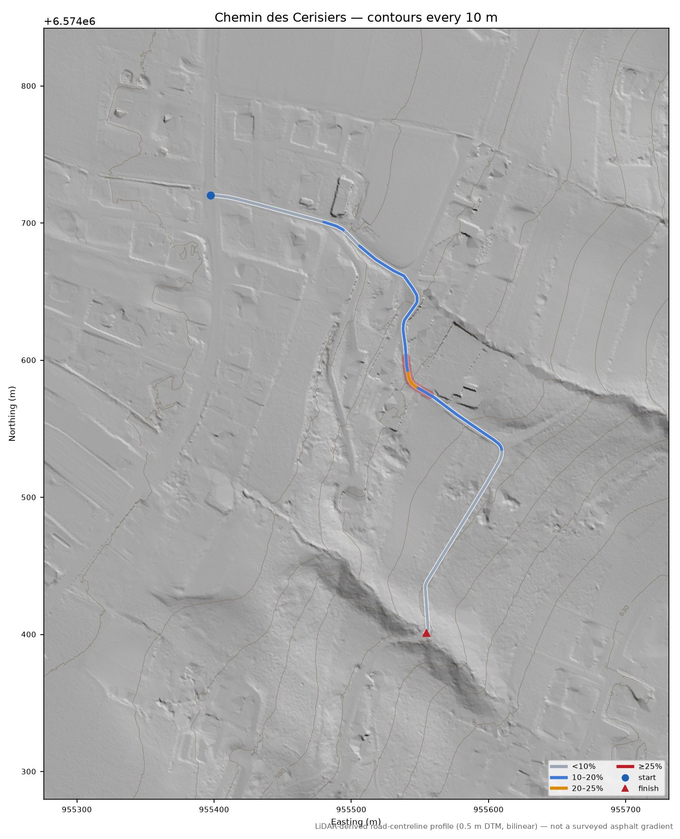 Chemin des Cerisiers LiDAR hillshade map with contours