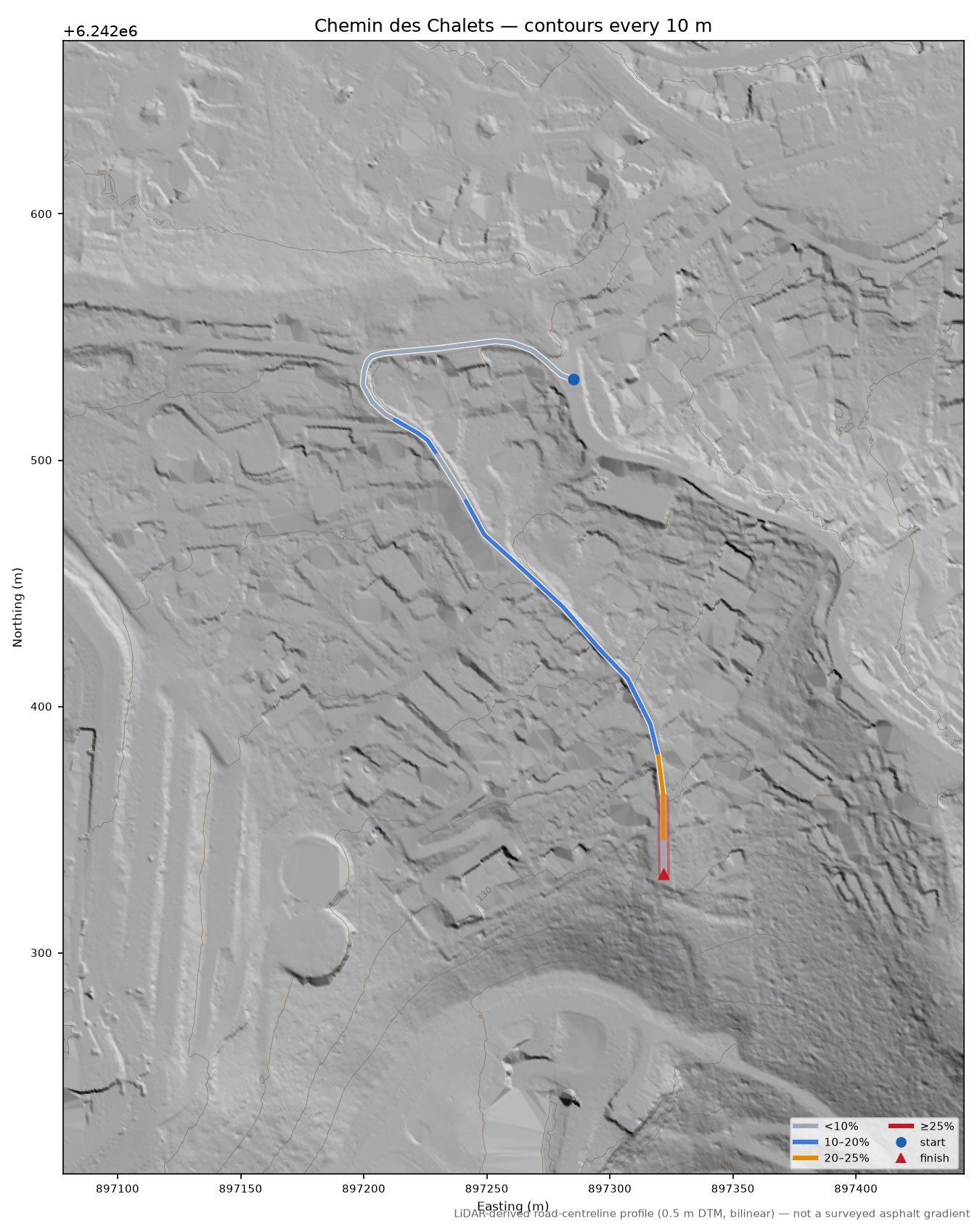 Chemin des Chalets LiDAR hillshade map with contours