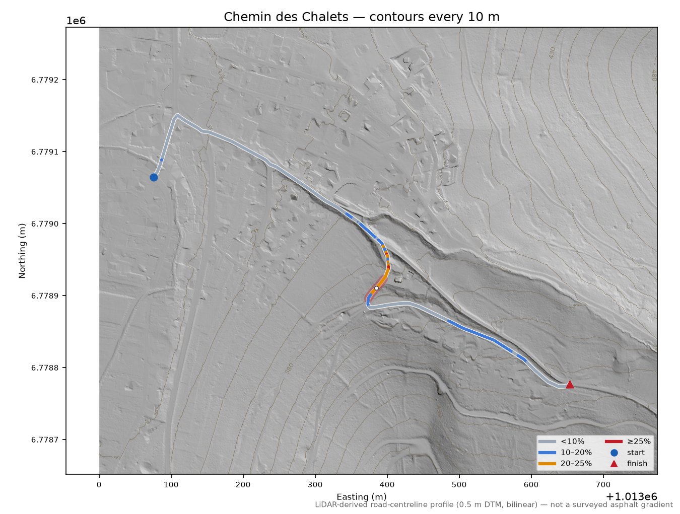 Chemin des Chalets LiDAR hillshade map with contours