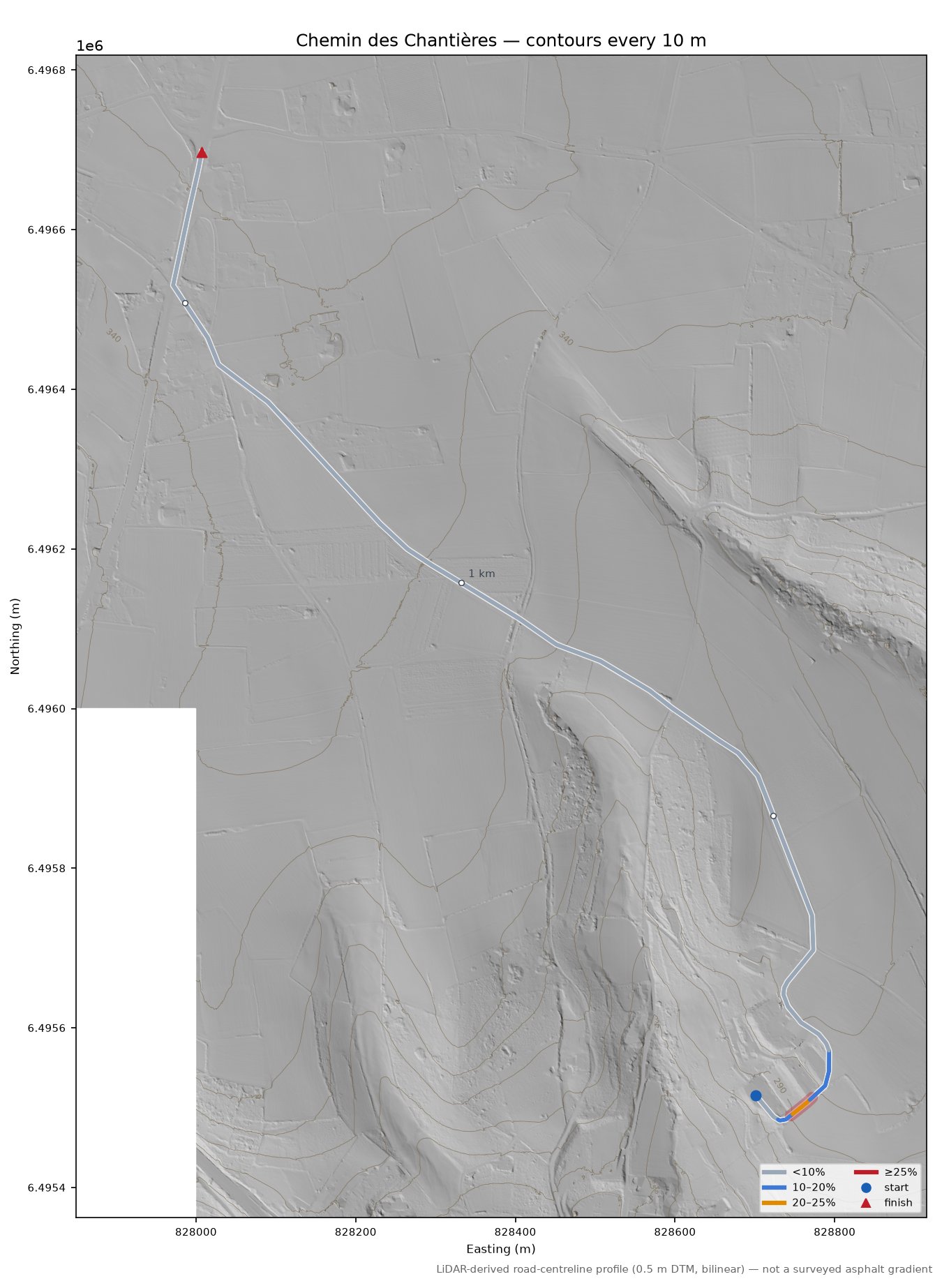Chemin des Chantières LiDAR hillshade map with contours