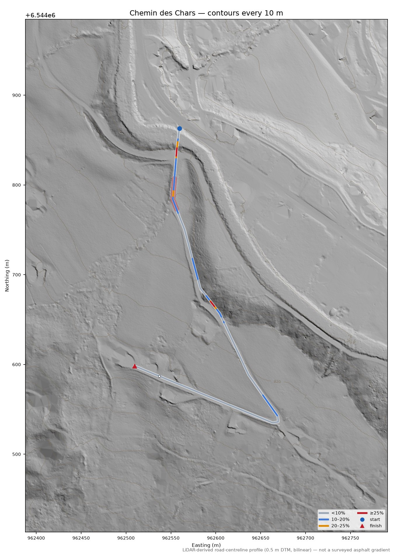 Chemin des Chars LiDAR hillshade map with contours