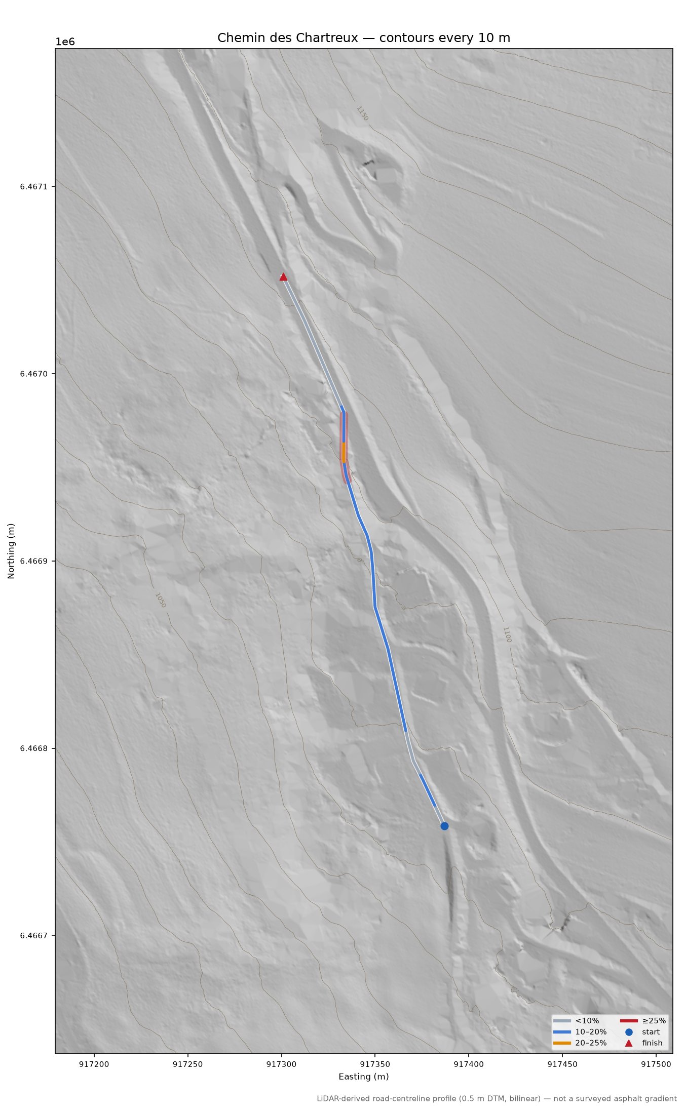 Chemin des Chartreux LiDAR hillshade map with contours