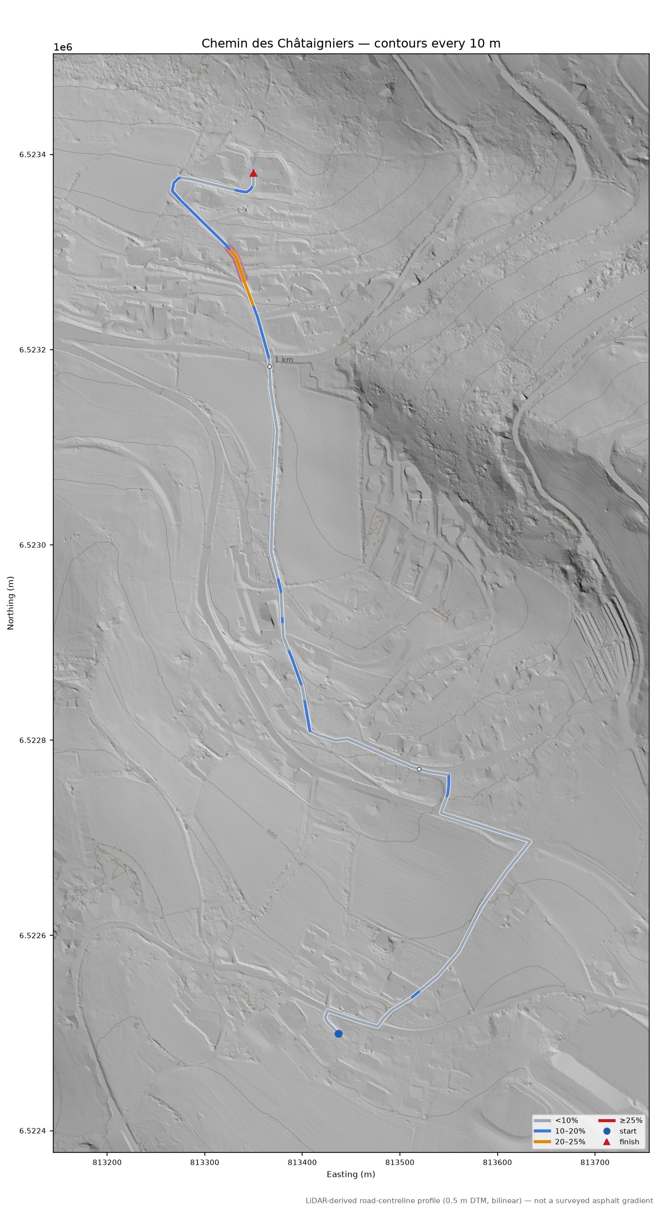 Chemin des Châtaigniers LiDAR hillshade map with contours