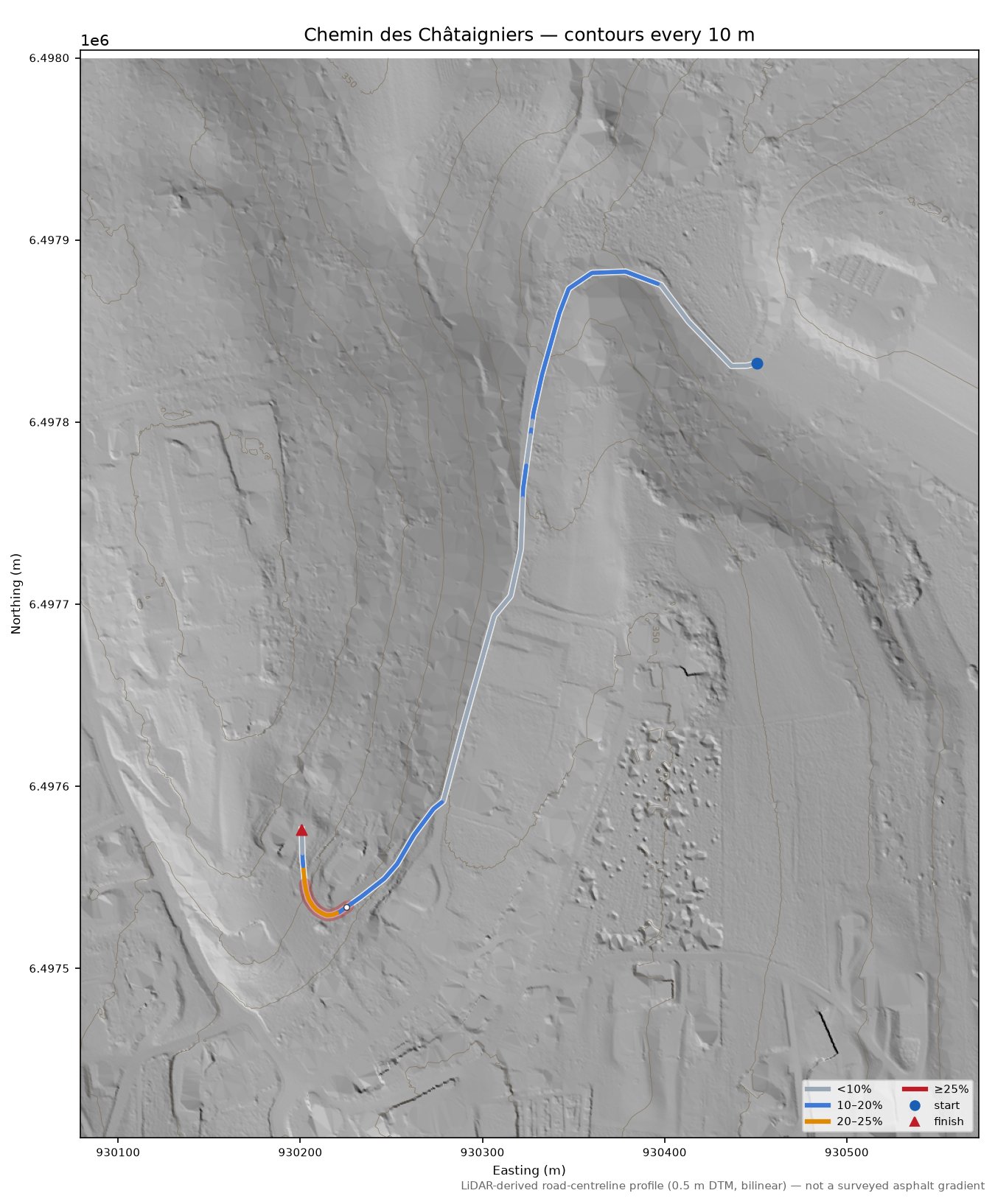 Chemin des Châtaigniers LiDAR hillshade map with contours