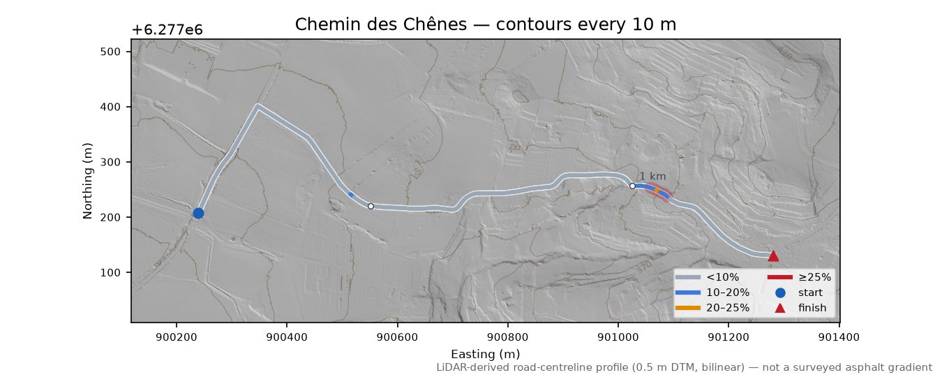 Chemin des Chênes LiDAR hillshade map with contours