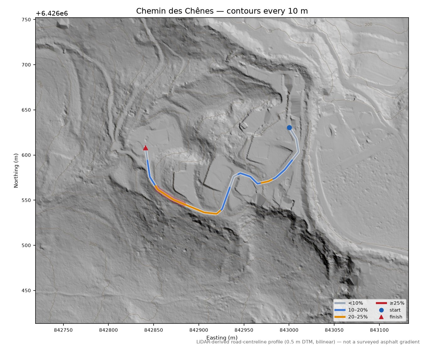 Chemin des Chênes LiDAR hillshade map with contours