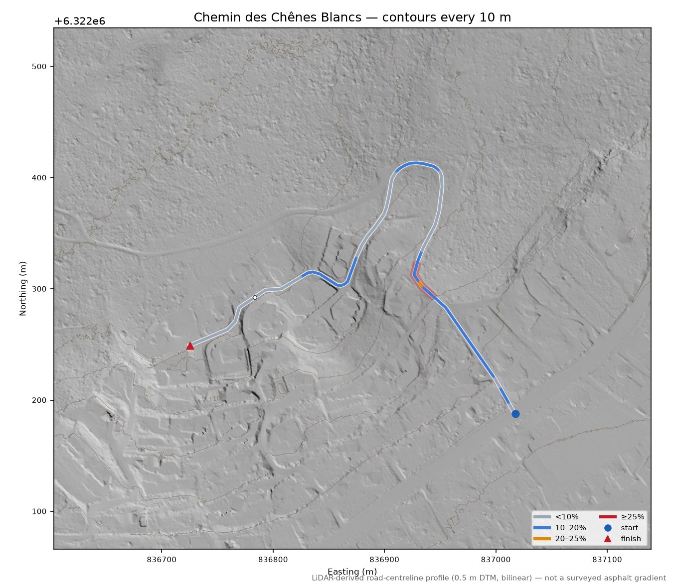 Chemin des Chênes Blancs LiDAR hillshade map with contours