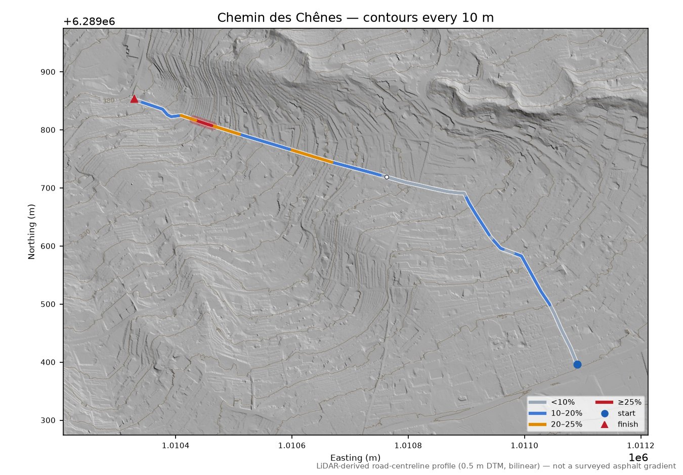 Chemin des Chênes LiDAR hillshade map with contours