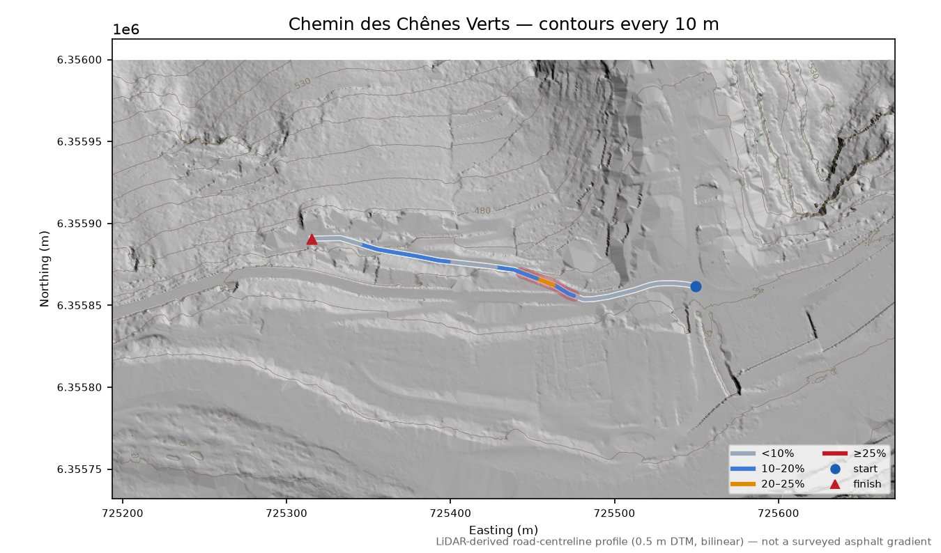 Chemin des Chênes Verts LiDAR hillshade map with contours