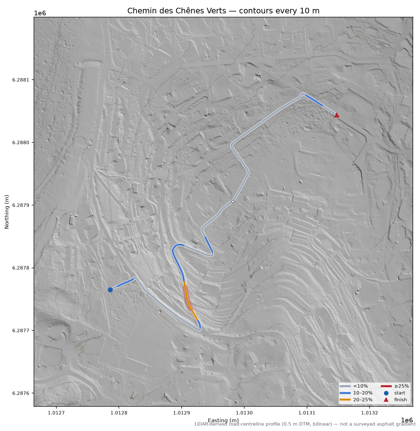Chemin des Chênes Verts LiDAR hillshade map with contours