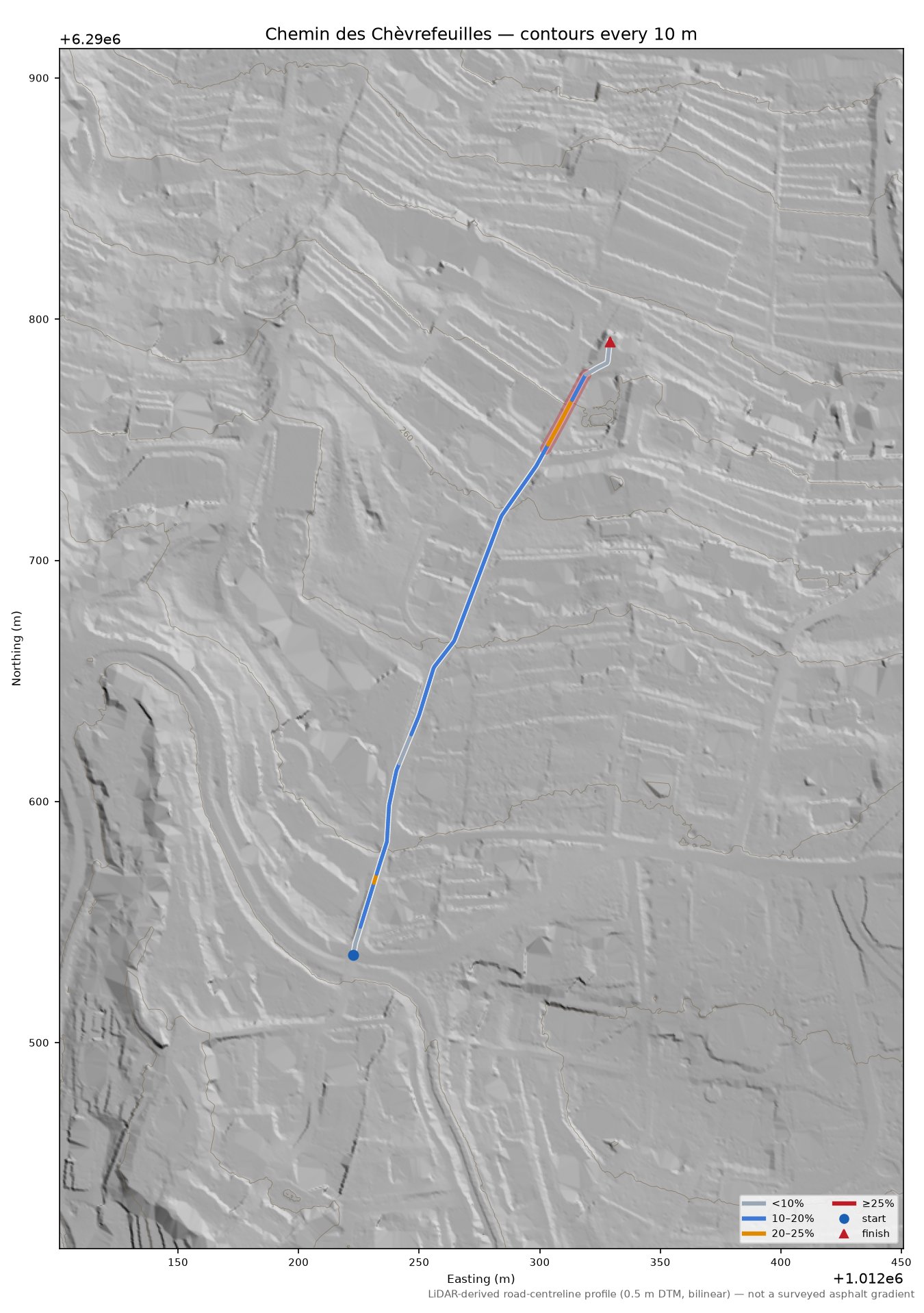Chemin des Chèvrefeuilles LiDAR hillshade map with contours