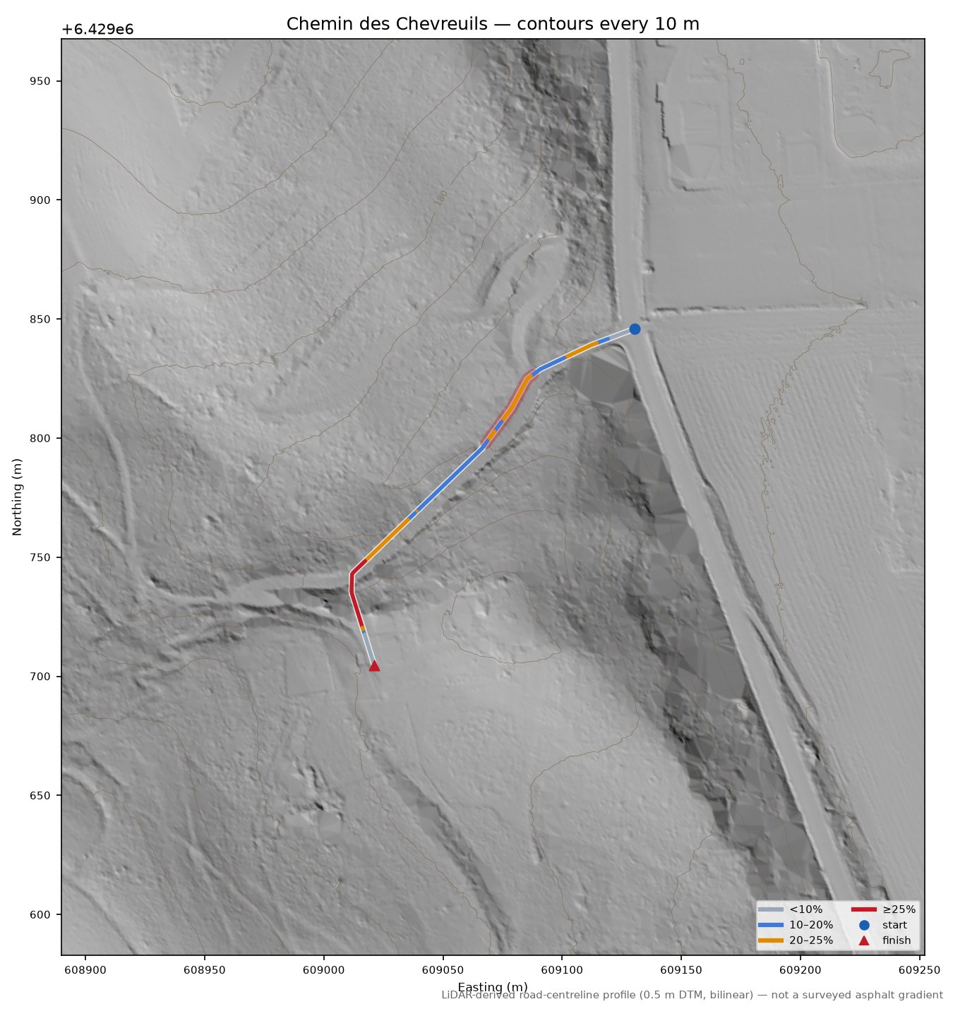 Chemin des Chevreuils LiDAR hillshade map with contours