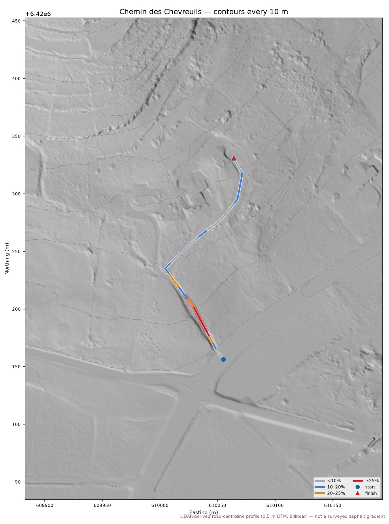 Chemin des Chevreuils LiDAR hillshade map with contours