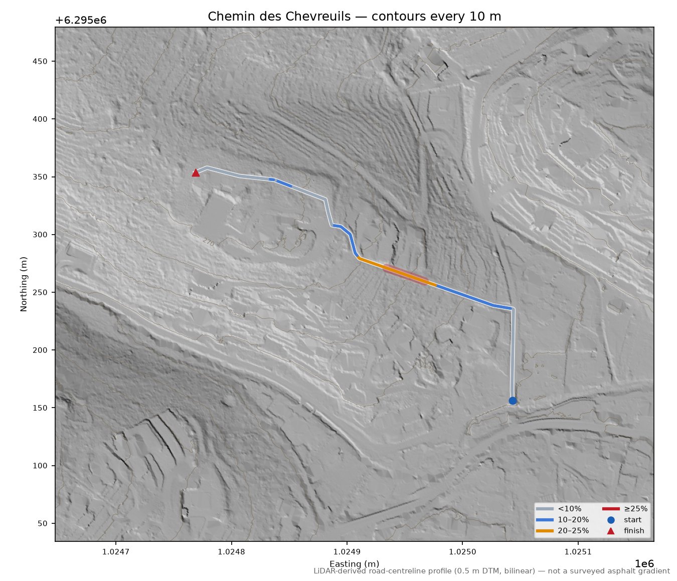Chemin des Chevreuils LiDAR hillshade map with contours