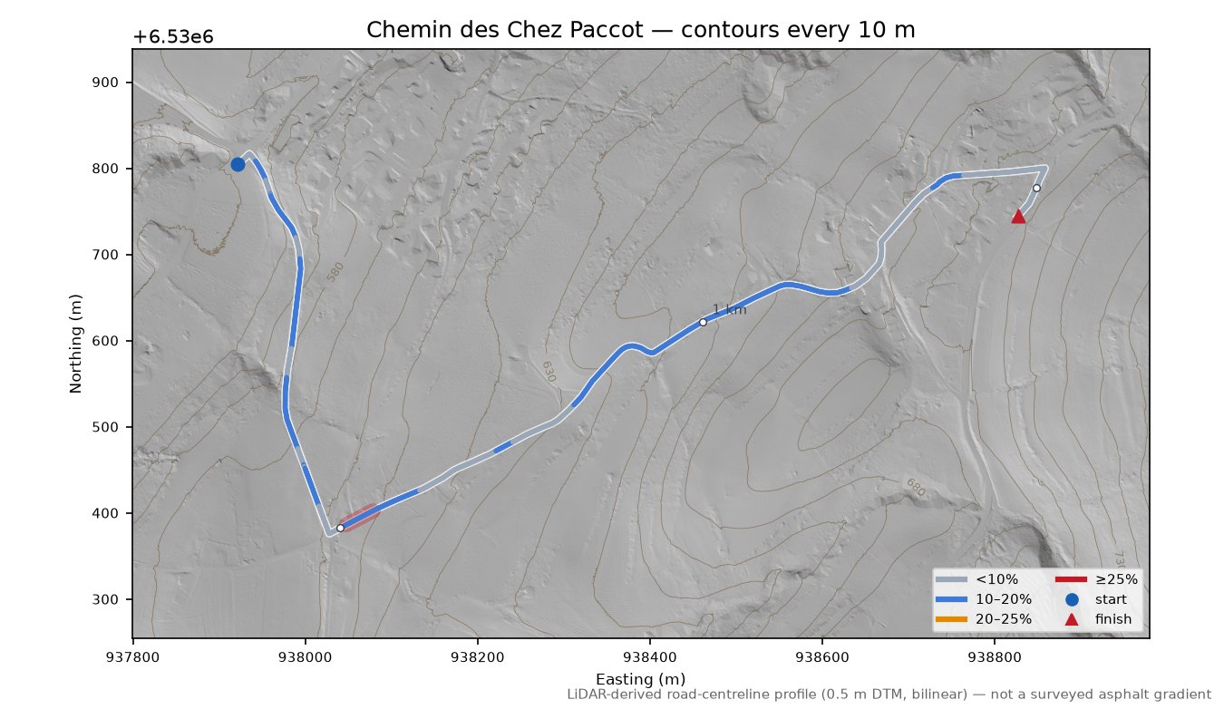 Chemin des Chez Paccot LiDAR hillshade map with contours