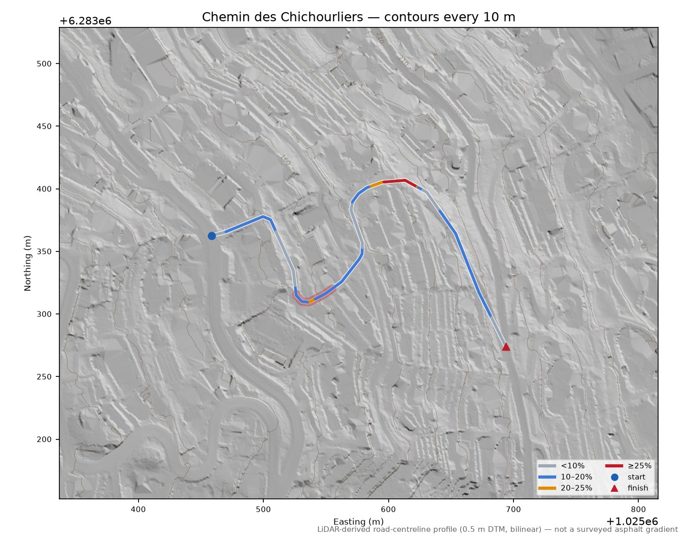 Chemin des Chichourliers LiDAR hillshade map with contours