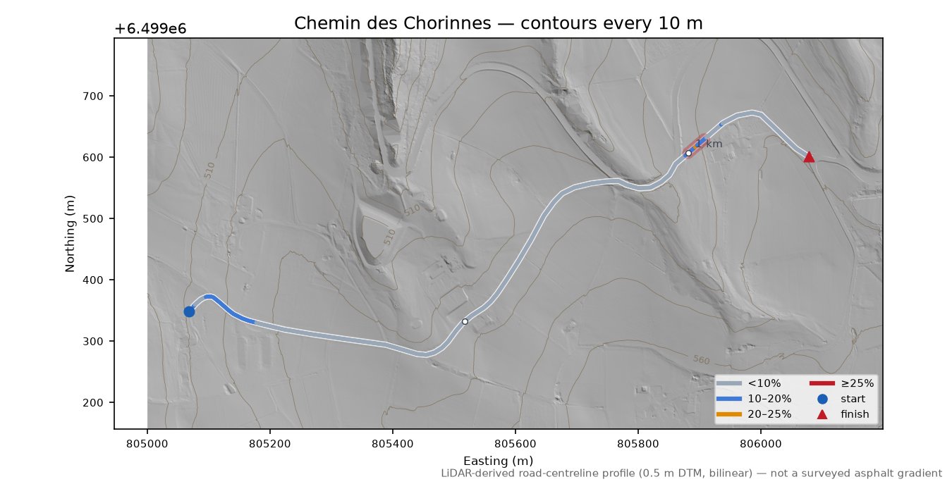 Chemin des Chorinnes LiDAR hillshade map with contours