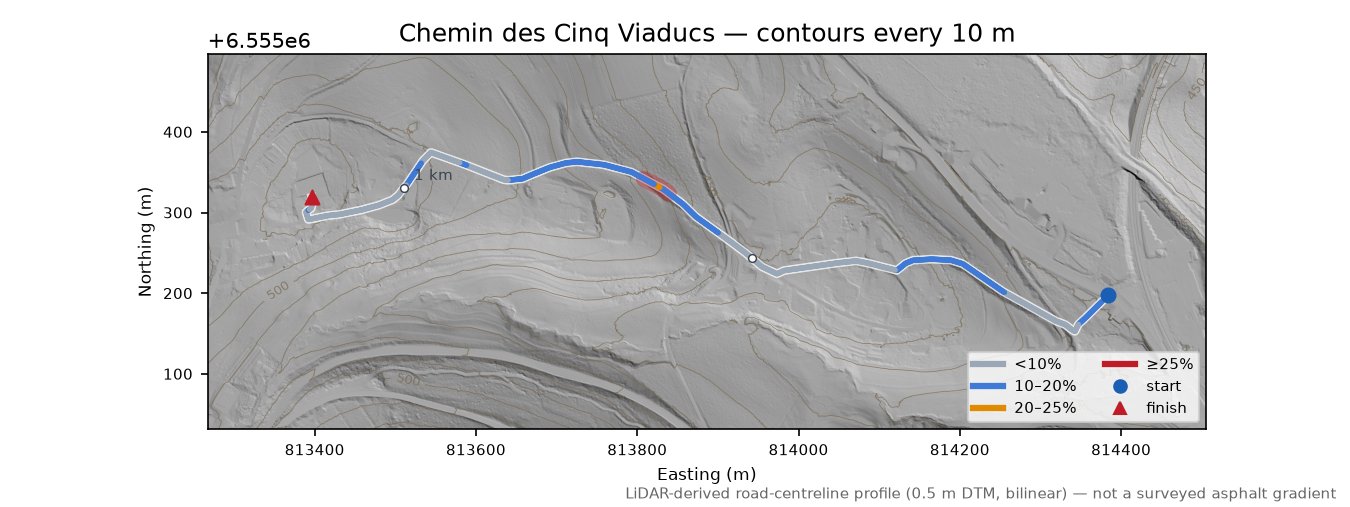 Chemin des Cinq Viaducs LiDAR hillshade map with contours