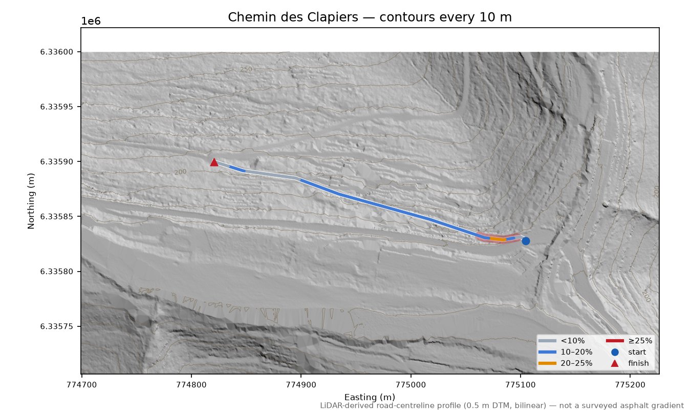 Chemin des Clapiers LiDAR hillshade map with contours