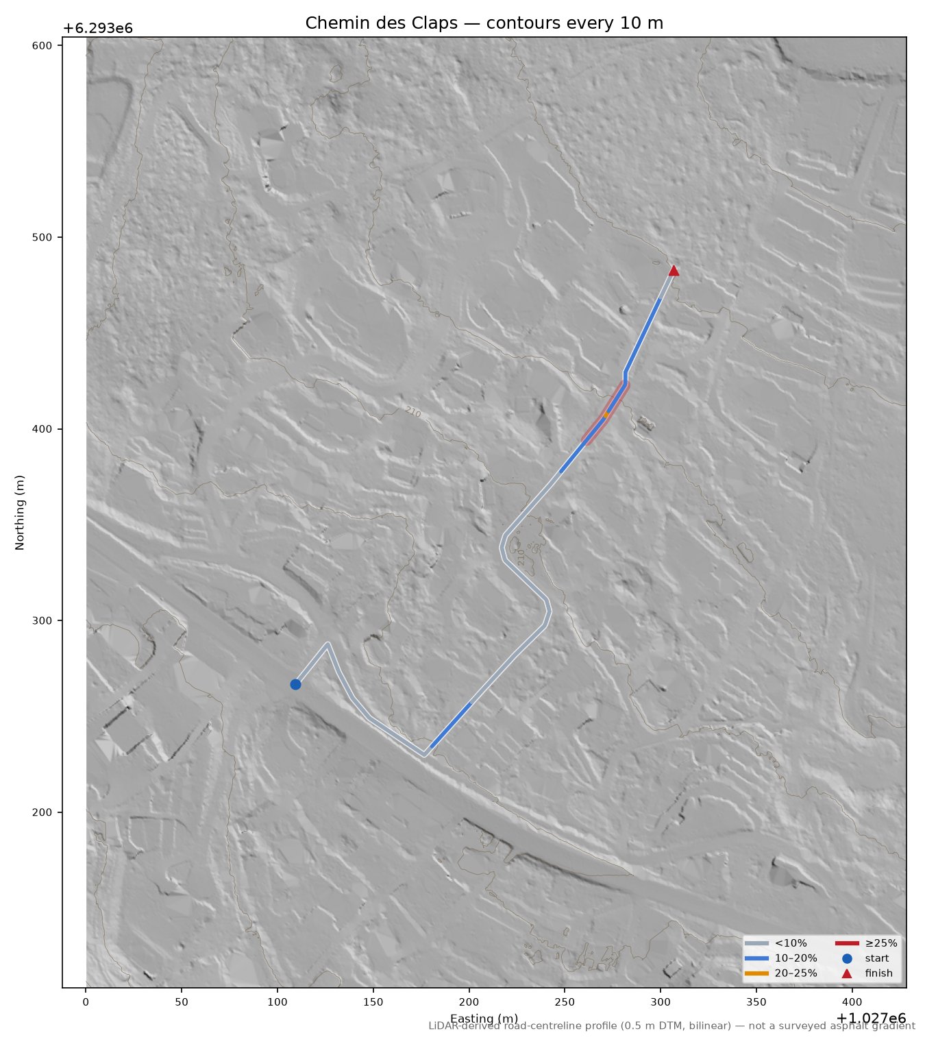 Chemin des Claps LiDAR hillshade map with contours