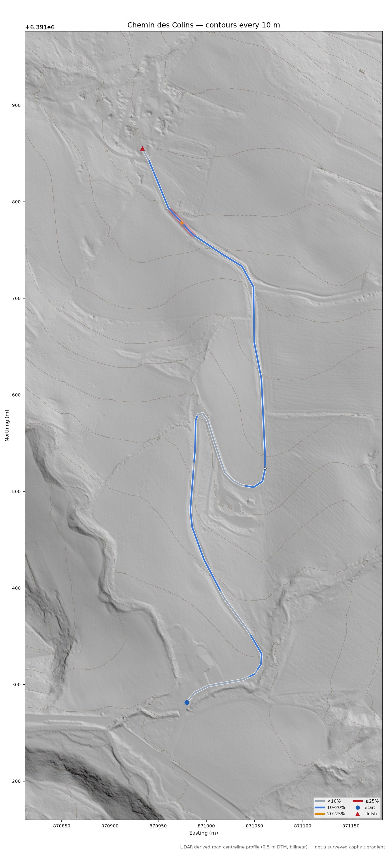 Chemin des Colins LiDAR hillshade map with contours