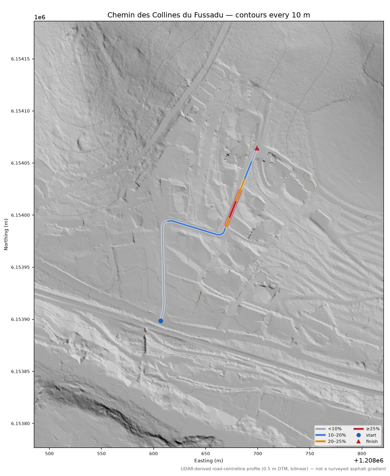 Chemin des Collines du Fussadu LiDAR hillshade map with contours