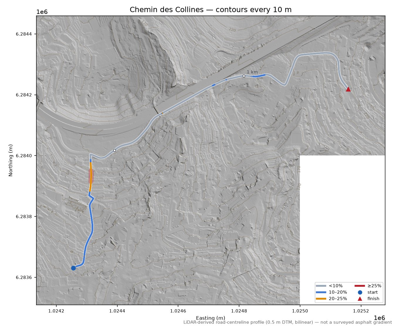 Chemin des Collines LiDAR hillshade map with contours