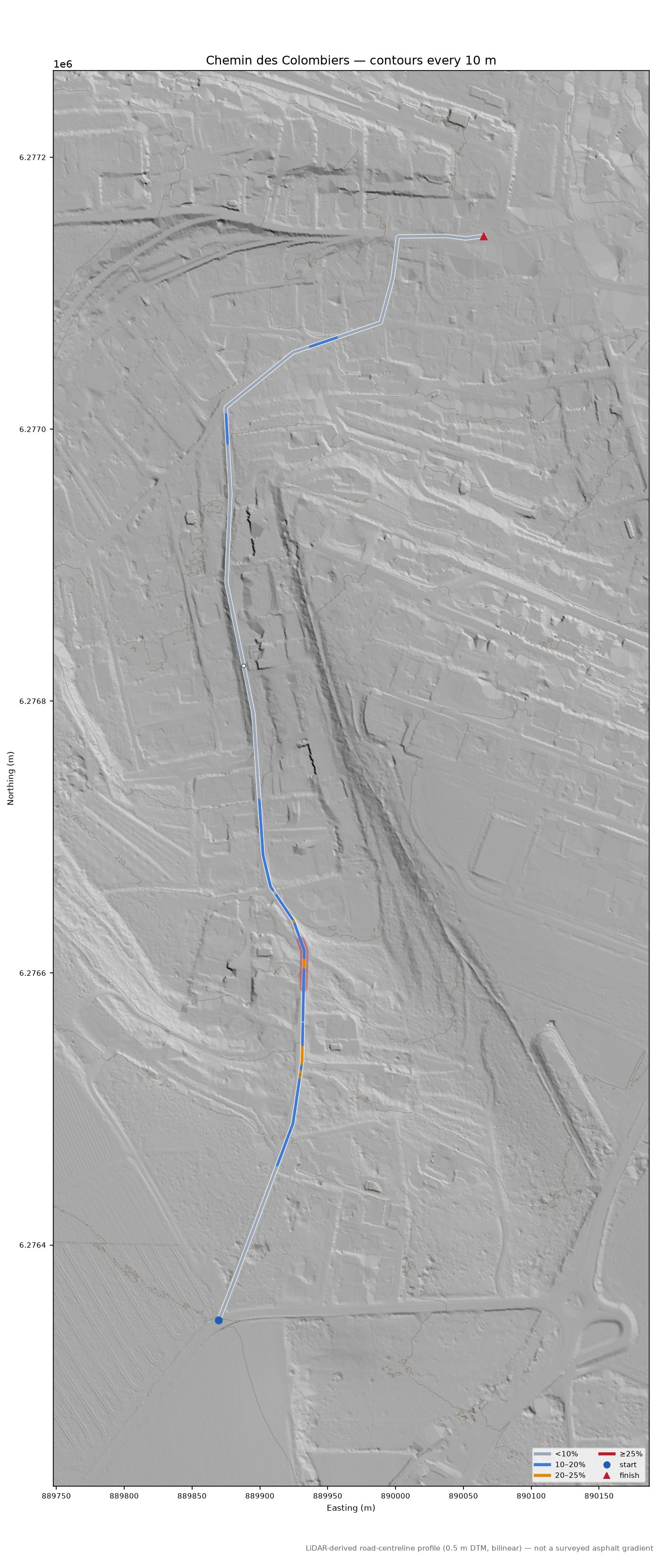 Chemin des Colombiers LiDAR hillshade map with contours