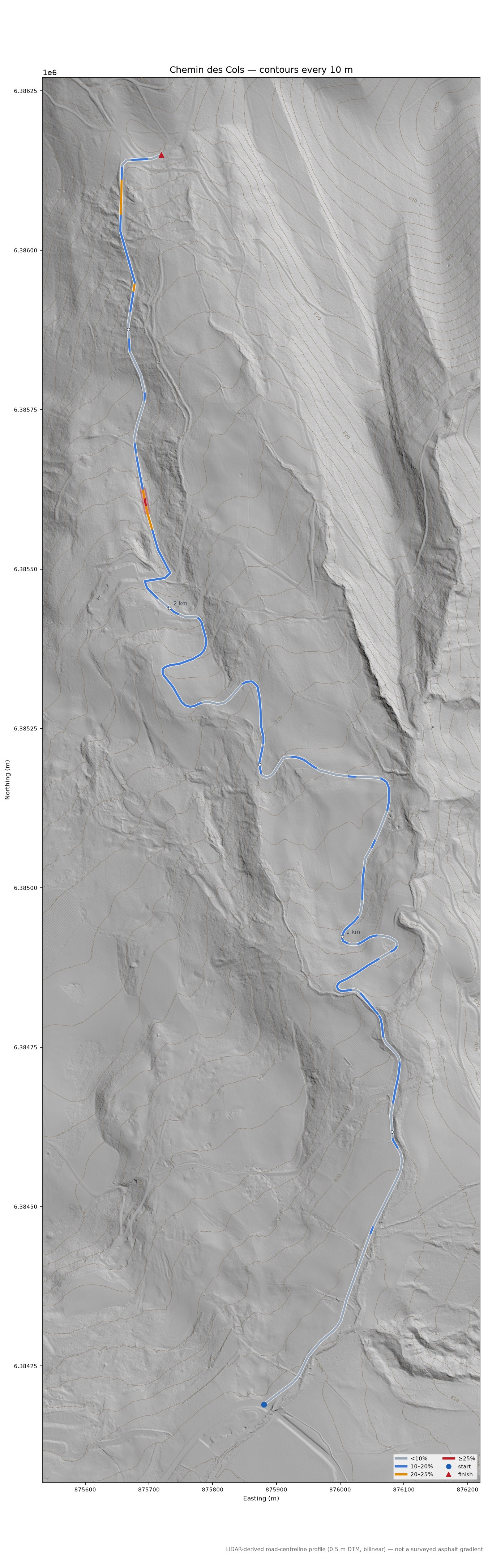 Chemin des Cols LiDAR hillshade map with contours