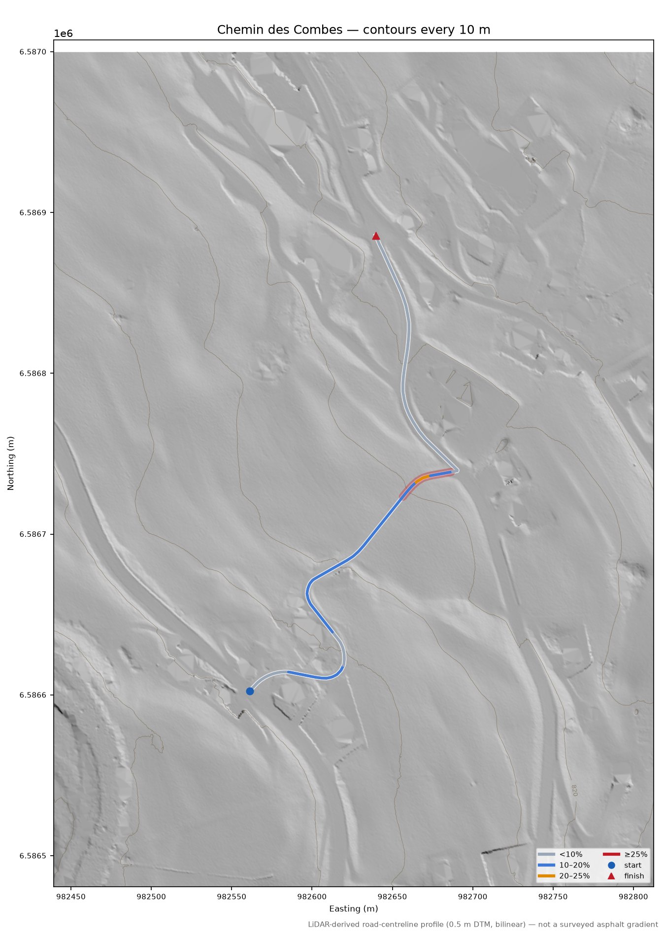 Chemin des Combes LiDAR hillshade map with contours