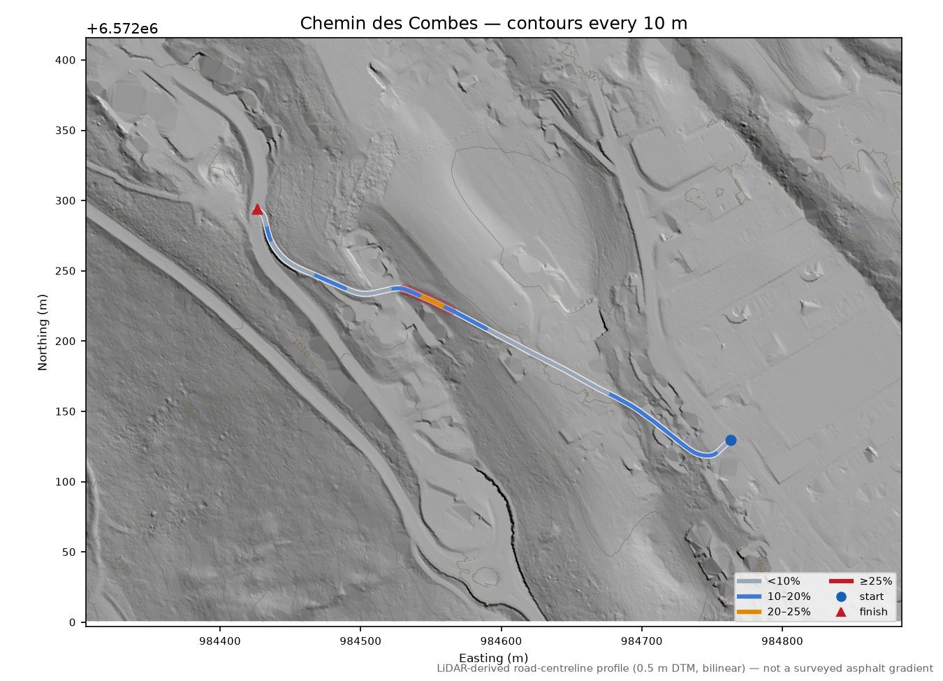 Chemin des Combes LiDAR hillshade map with contours