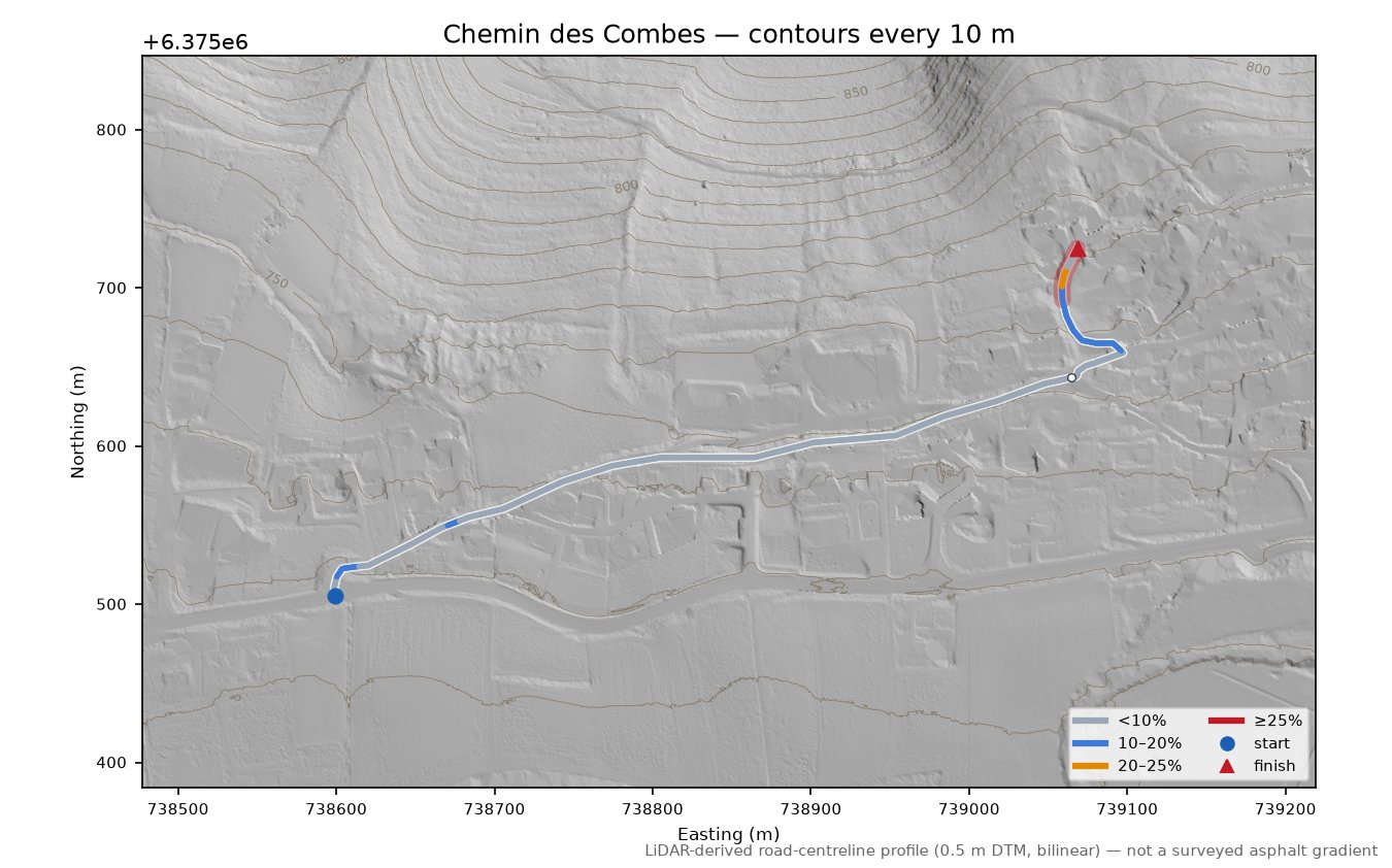 Chemin des Combes LiDAR hillshade map with contours
