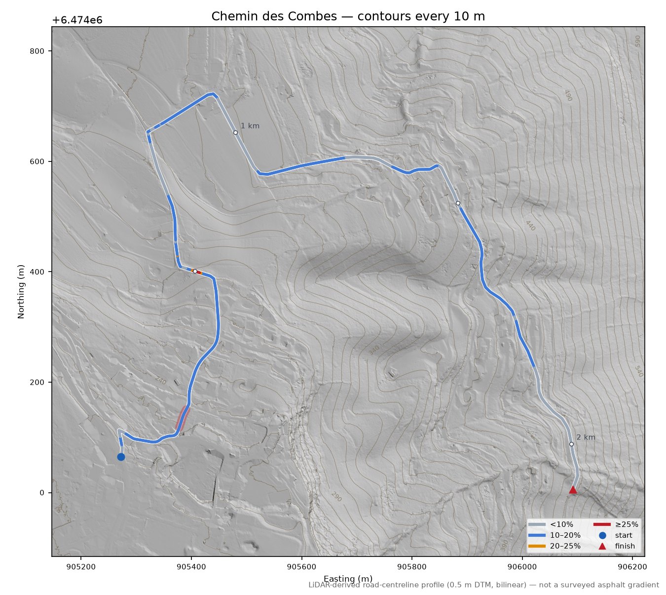 Chemin des Combes LiDAR hillshade map with contours