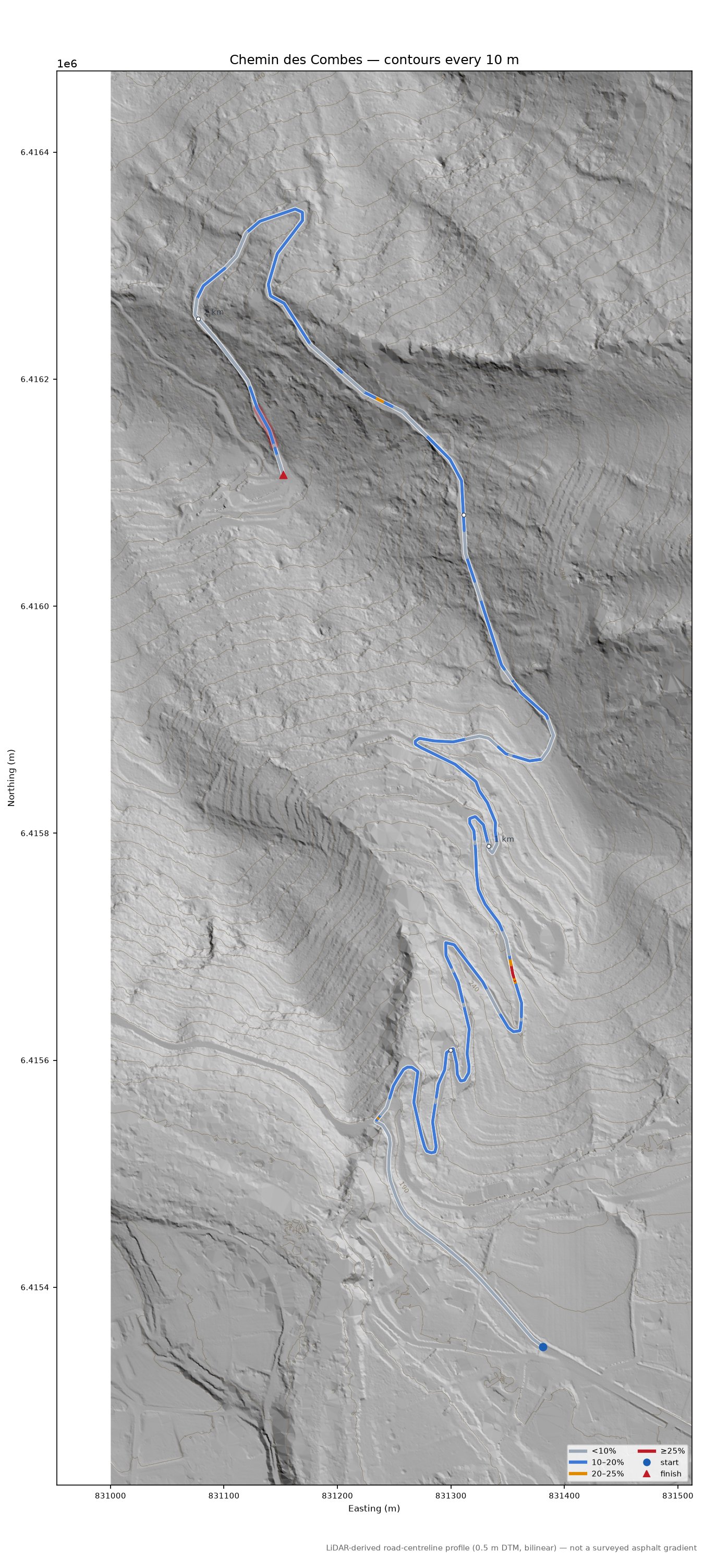 Chemin des Combes LiDAR hillshade map with contours