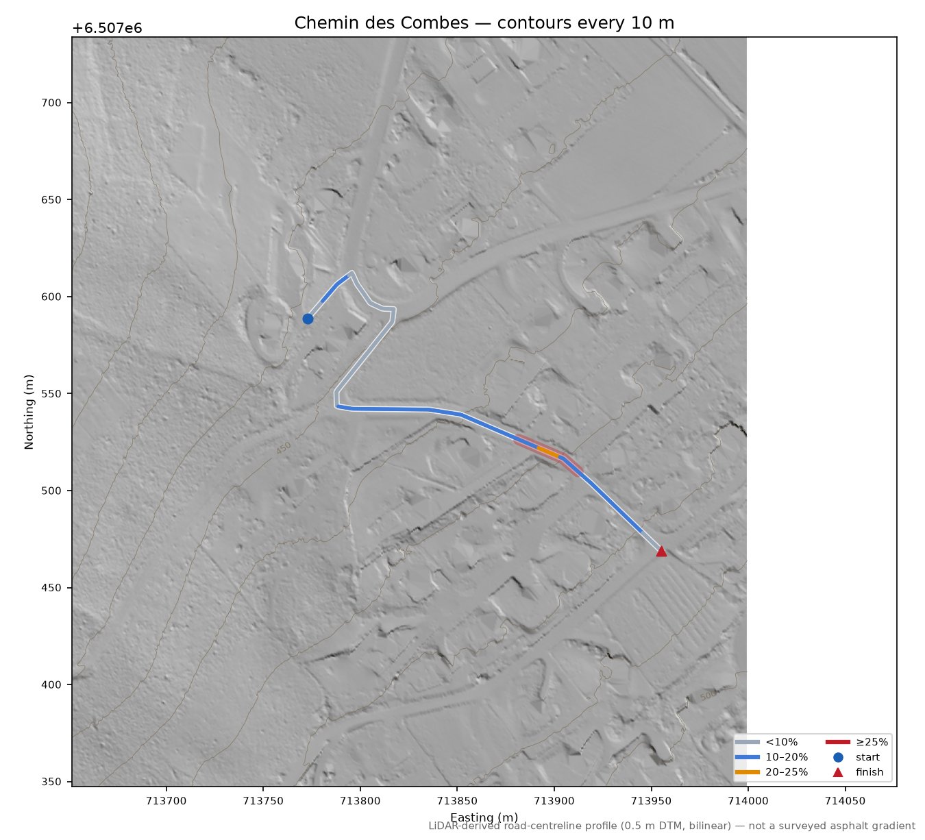 Chemin des Combes LiDAR hillshade map with contours