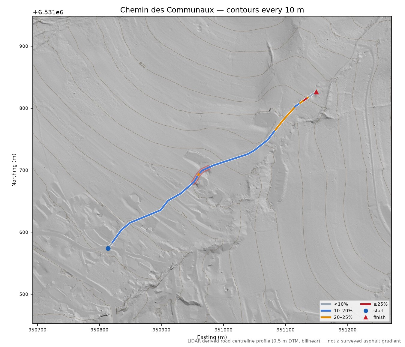 Chemin des Communaux LiDAR hillshade map with contours