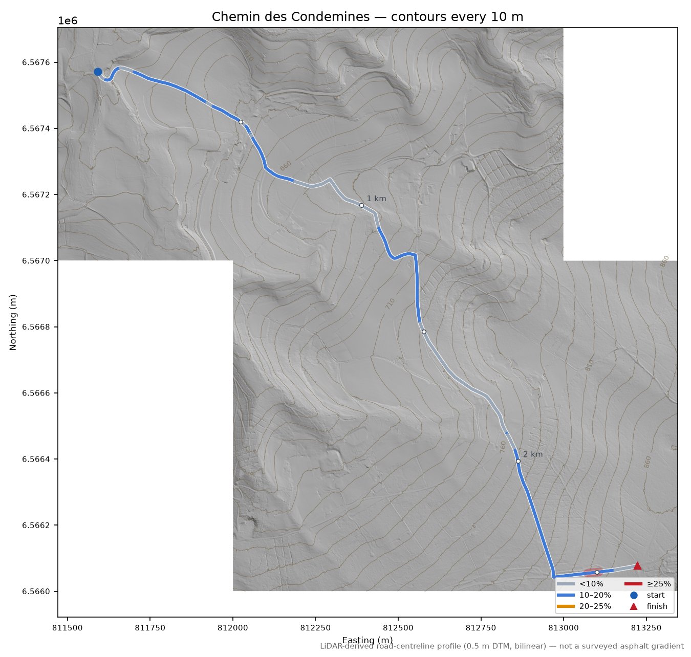 Chemin des Condemines LiDAR hillshade map with contours