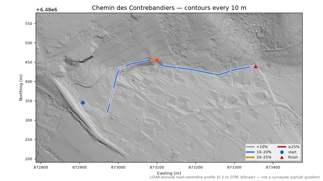 Chemin des Contrebandiers LiDAR hillshade map with contours
