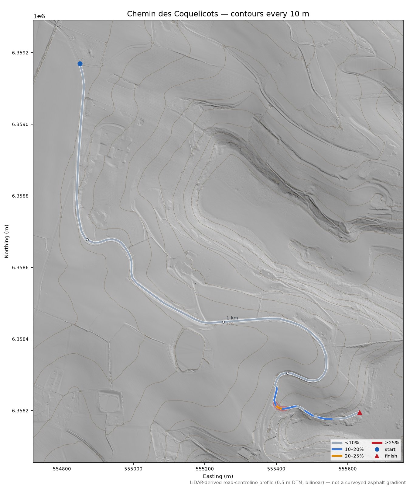 Chemin des Coquelicots LiDAR hillshade map with contours
