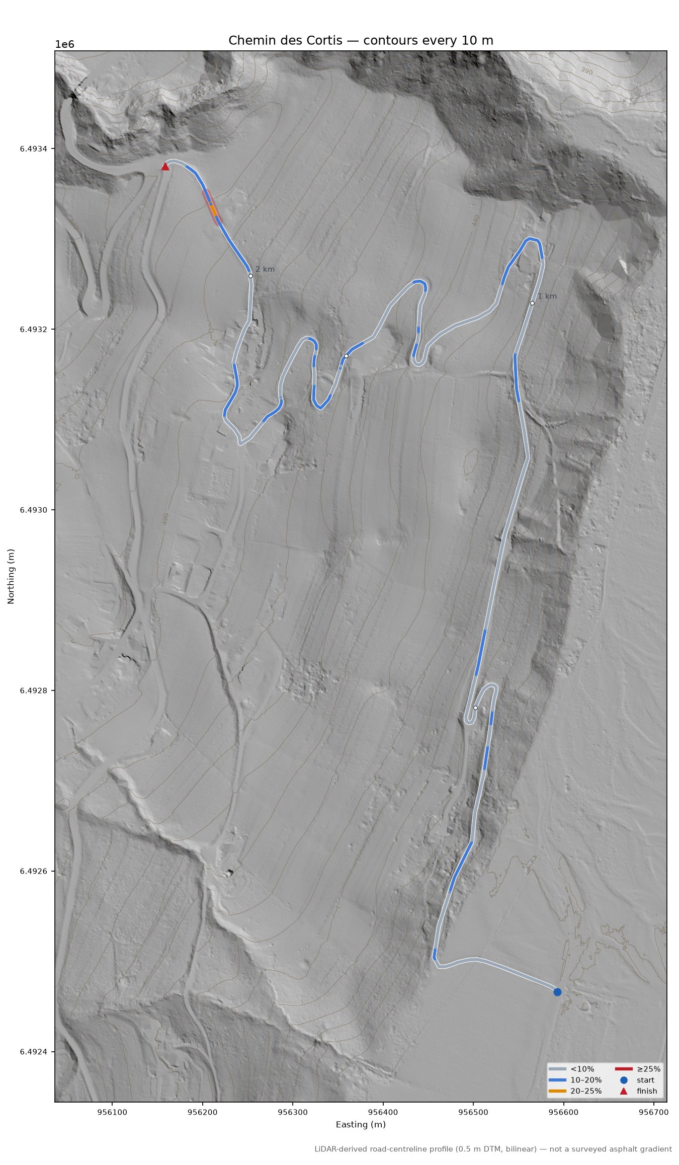 Chemin des Cortis LiDAR hillshade map with contours
