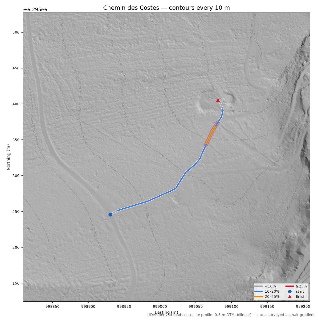 Chemin des Costes LiDAR hillshade map with contours
