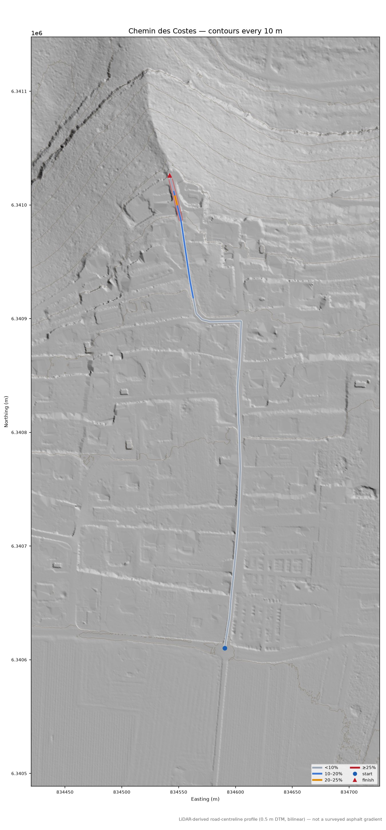 Chemin des Costes LiDAR hillshade map with contours