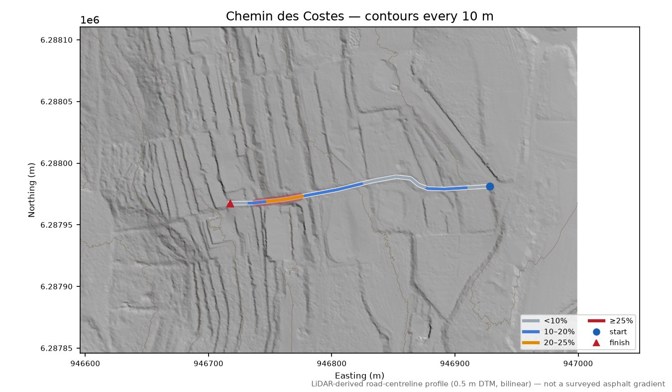 Chemin des Costes LiDAR hillshade map with contours