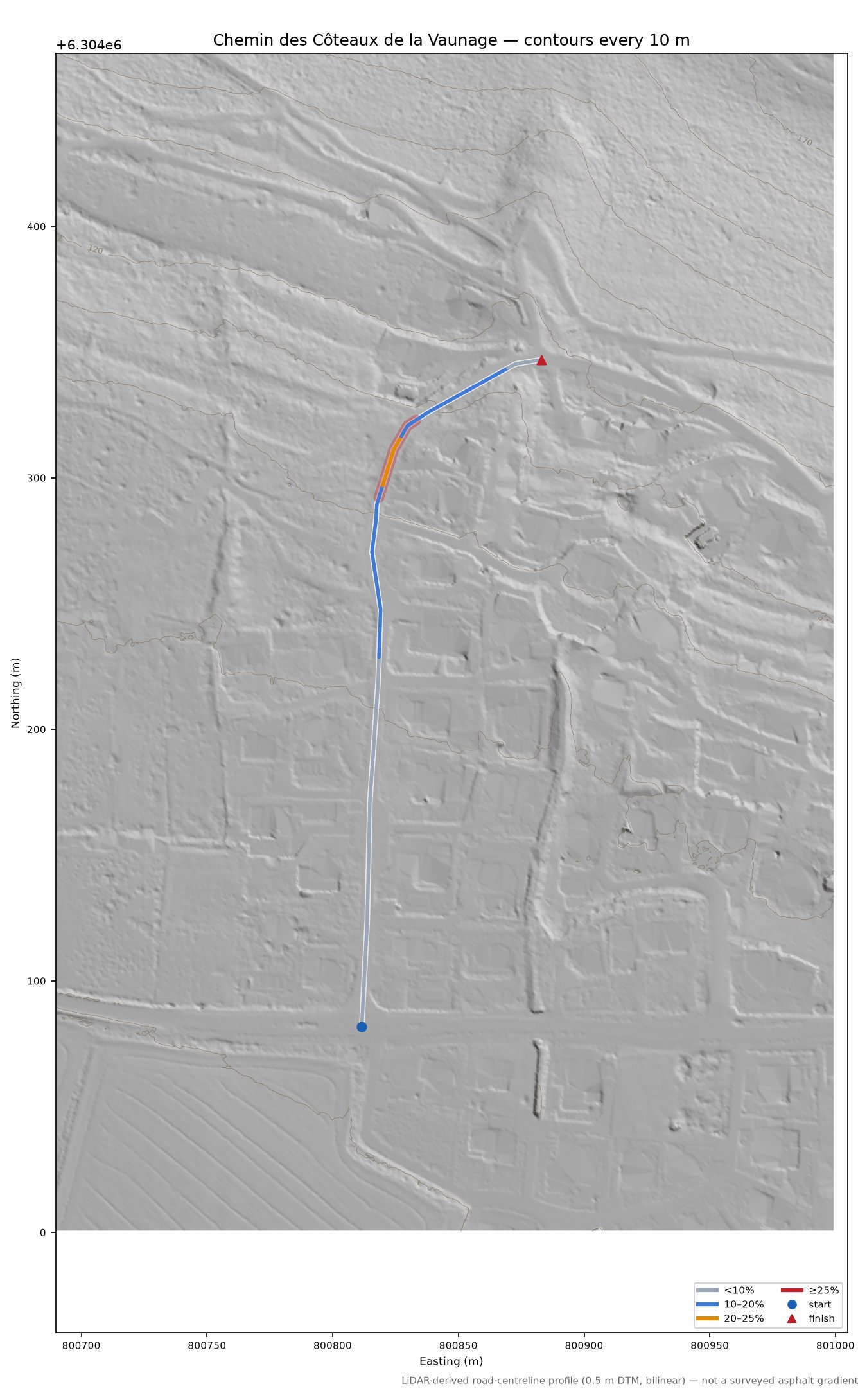 Chemin des Côteaux de la Vaunage LiDAR hillshade map with contours