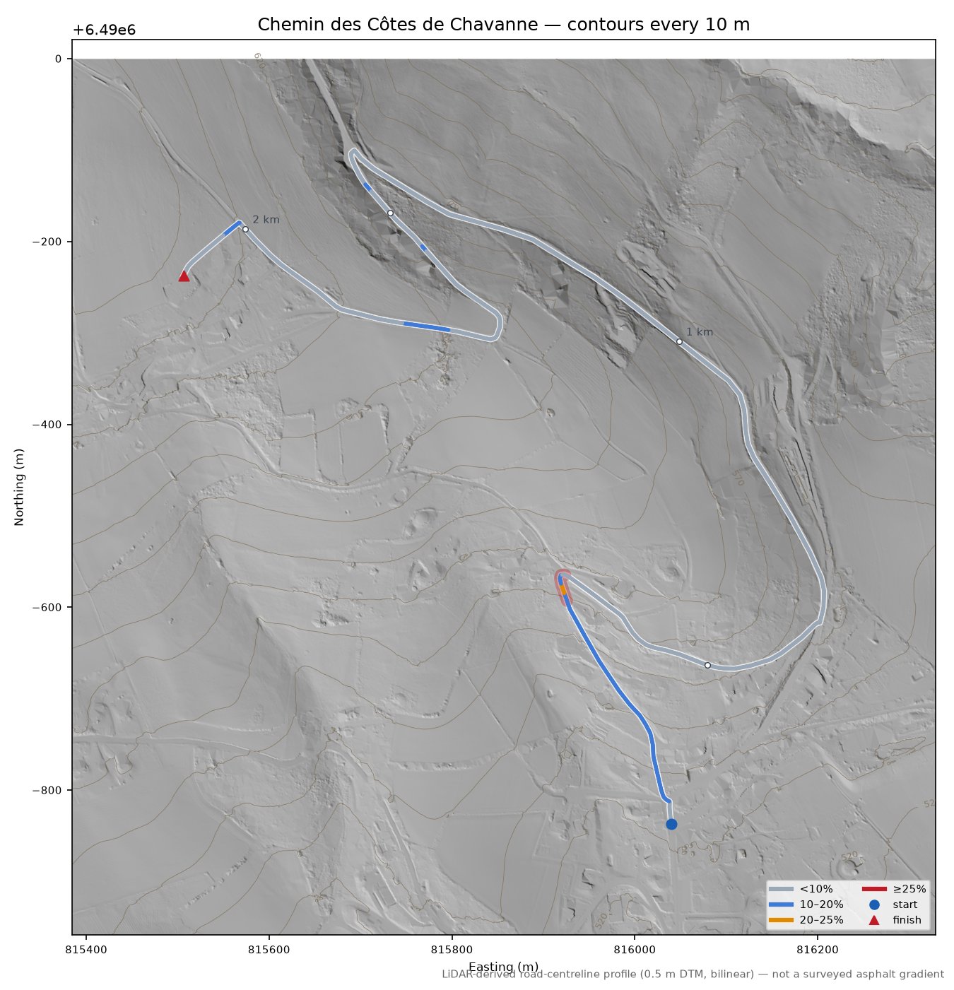 Chemin des Côtes de Chavanne LiDAR hillshade map with contours